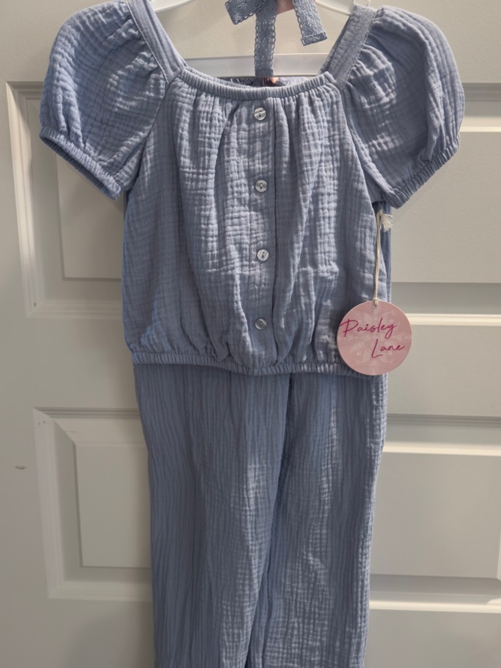 NWT Paisley Lane Light Blue Muslin 3 pc set - top pants barrette